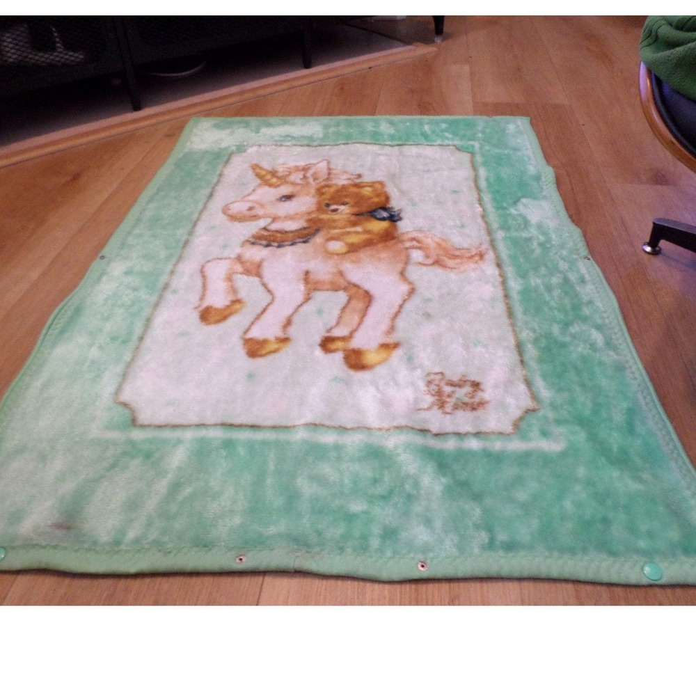 Vintage‎ Baby Mink Unicorn Bear Plush Blanket Baby Sleeper 41x31